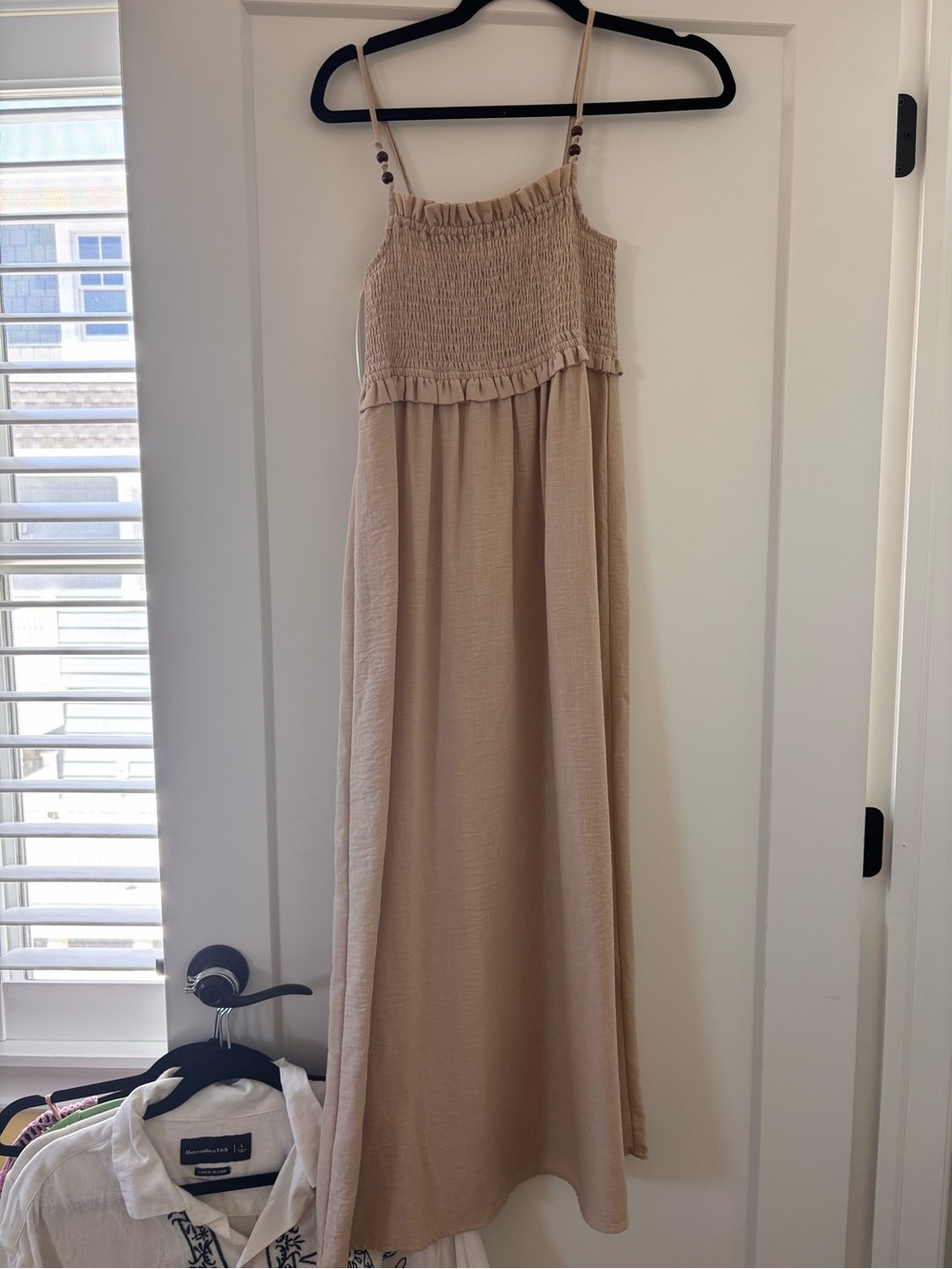 Zara Beige Smocked Maxi Dress with Spaghetti Straps